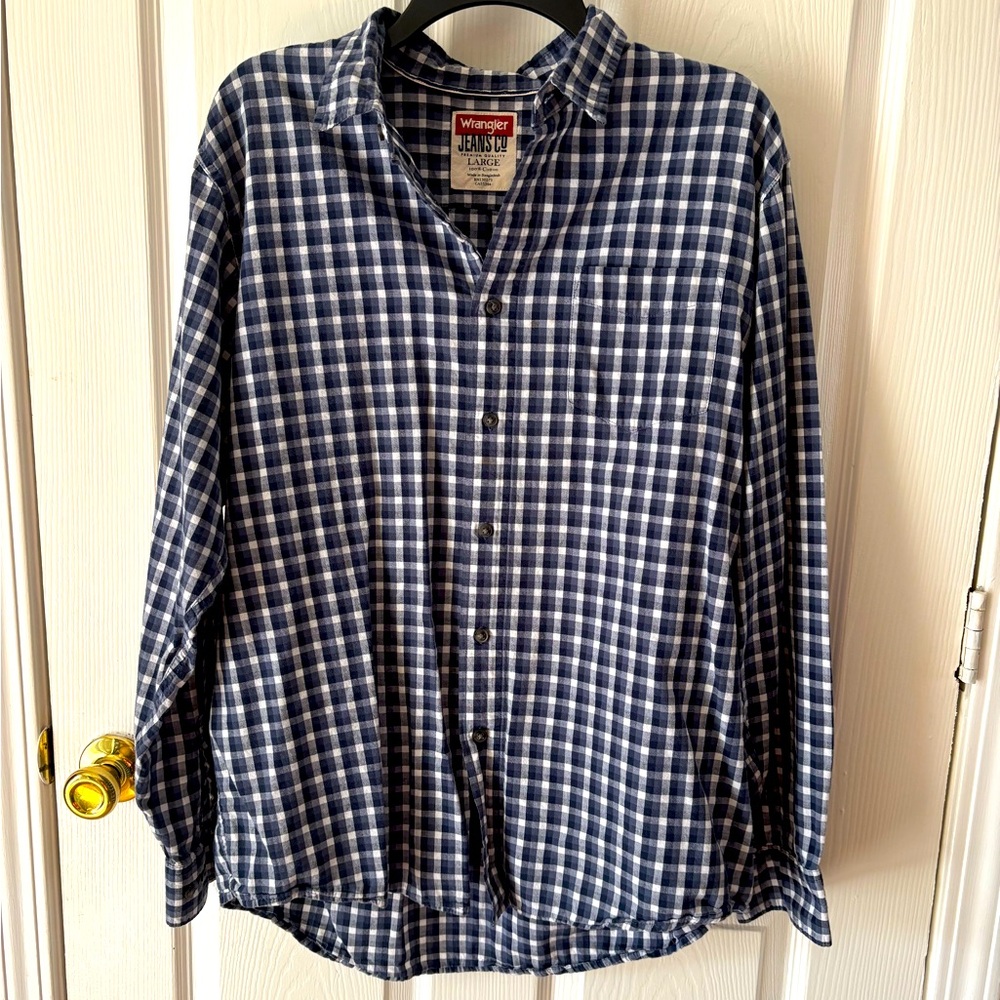Wrangler Men's Navy Blue Plaid casual button up collar Cotton Shirt Jeans Co.fun